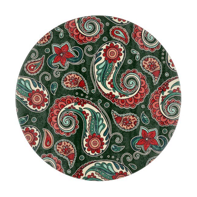 Red and Green Paisley Round Cutting Board (Framsidan)