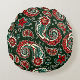 Red and Green Paisley Round Pillow Rund Kudde