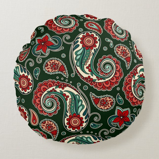 Red and Green Paisley Round Pillow Rund Kudde (Framsidan)