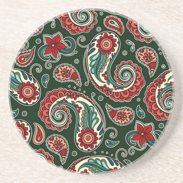 Red and Green Paisley Sandstone Coaster Underlägg (Framsidan)