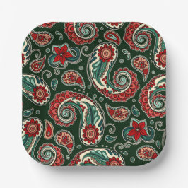 Red and Green Paisley Square Paper Plates