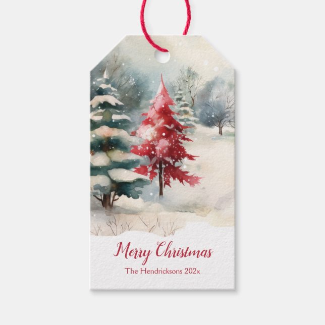Red and Green Pine Trees Christmas Presentetikett (Framsidan)
