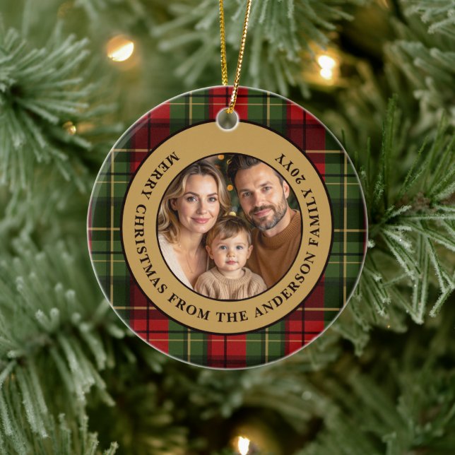 Red And Green Plaid Custom Family Photo Christmas Julgransprydnad Keramik (Träd)