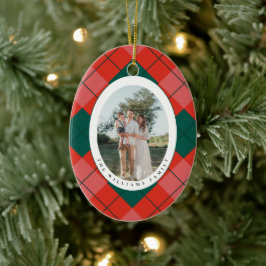 Red and Green Plaid Family Photo Oval Christmas Julgransprydnad Keramik