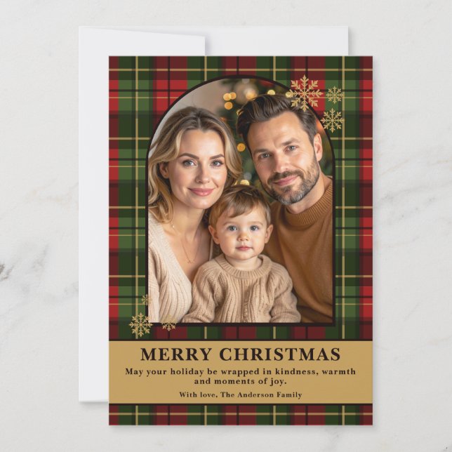 Red And Green Plaid Festive Christmas Family Photo Julkort (Framsida)