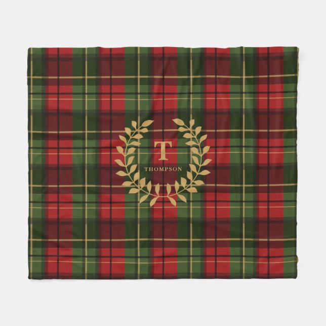 Red And Green Plaid With Custom Monogram Wreath Fleecefilt (Framsidan (Horisontell))