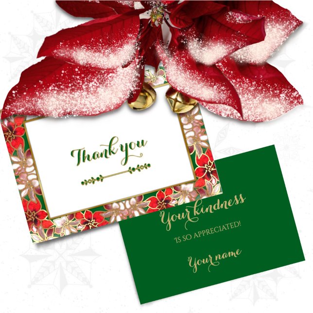 Red and Green Poinsettias in Snow Thank You Card Tack Kort (Skapare uppladdad)
