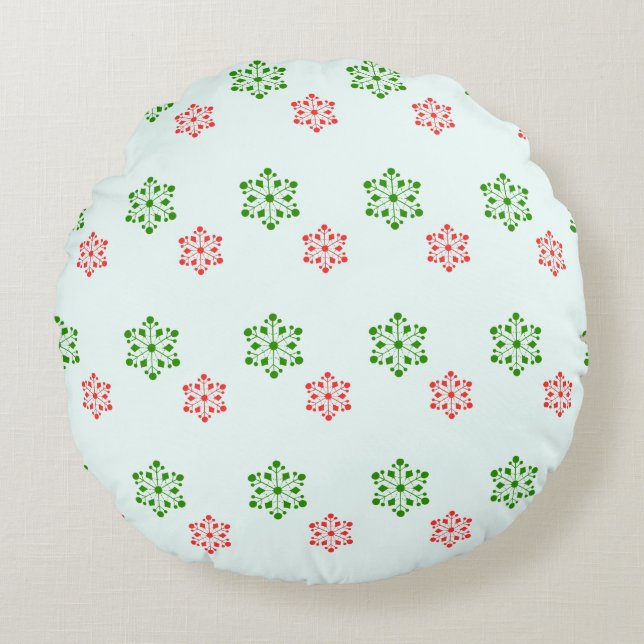 Red and Green Snowflake Pattern, Elegant Christmas Rund Kudde (Framsidan)