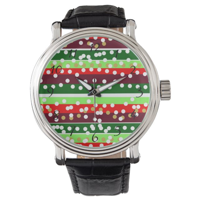 Red and Green Stripes Polka Dots Christmas  Armbandsur (Framsida)