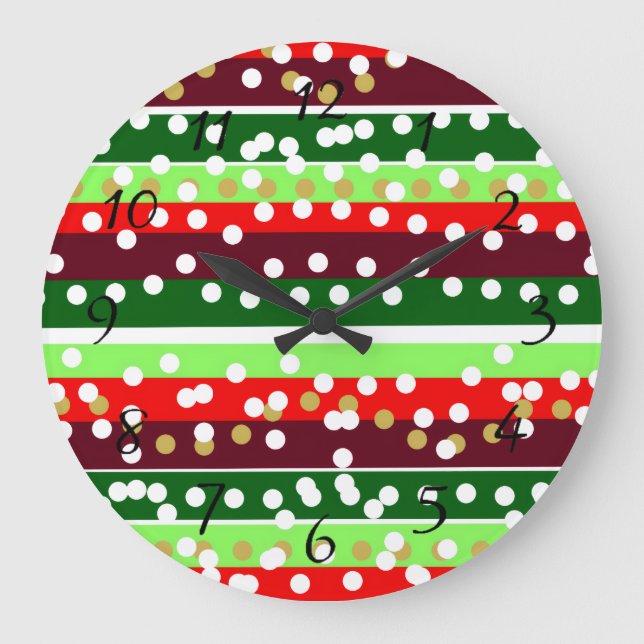 Red and Green Stripes Polka Dots Christmas  Stor Klocka (Framsida)