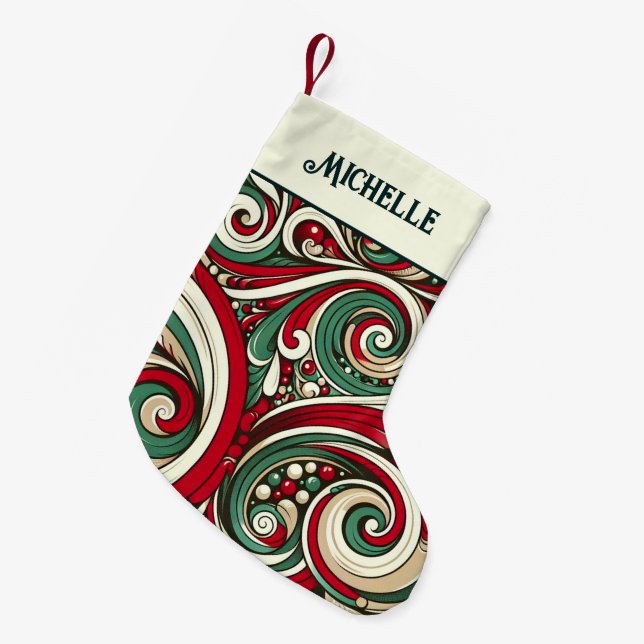 Red and Green Swirls Personalized Liten Julstrumpa (Framsidan (Hängande))