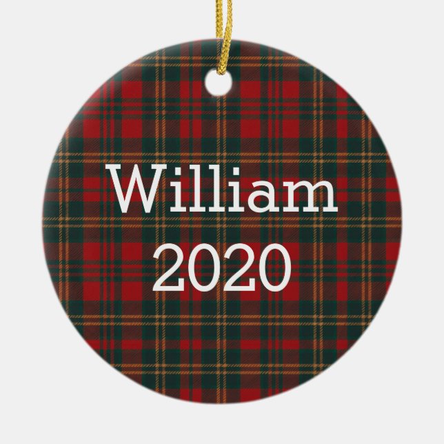 Red and Green Tartan Plaid Personalized Julgransprydnad Keramik (Framsidan)