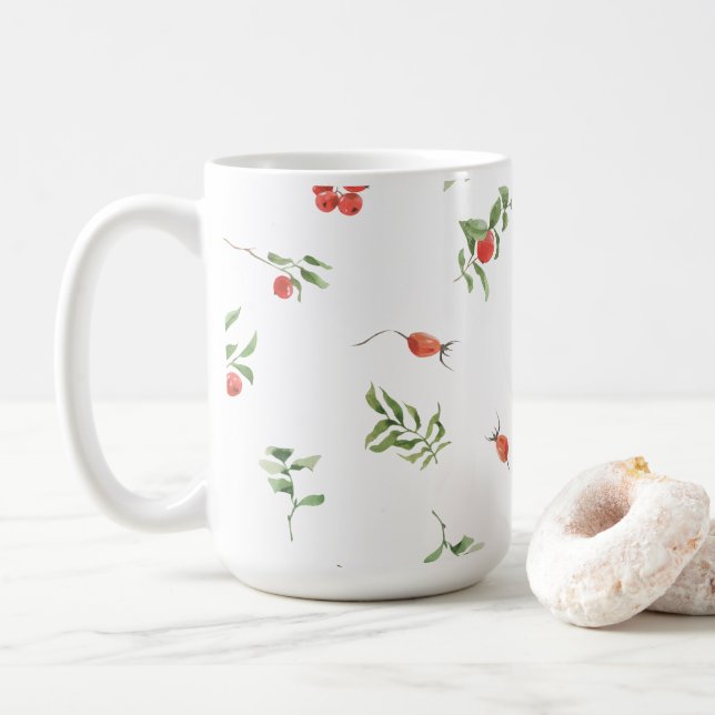 Red And Green Winter Berries & Leaves Illustration Kaffemugg (Med munk)
