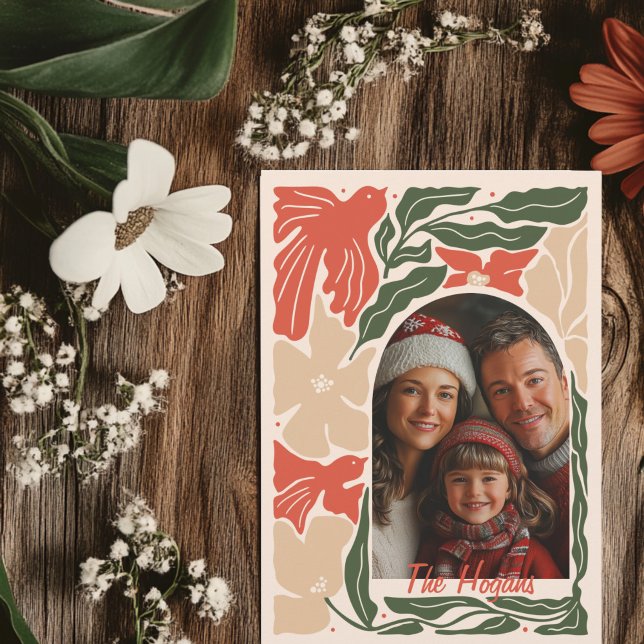 Red and grönt Folk Art 2 Photo Julkort (Folk Art 2-photo Christmas Greeting Card)