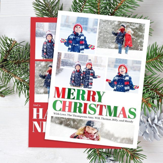 Red and Grönt God jul Photo Collage Julkort (Merry Christmas Photo Collage Holiday Photo Card.)