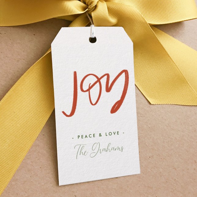 Red and Grönt Hand Lettered Joy Helgdag Gift Märkr Presentetikett (Hand-lettered joy Christmas personalized gift tags.)