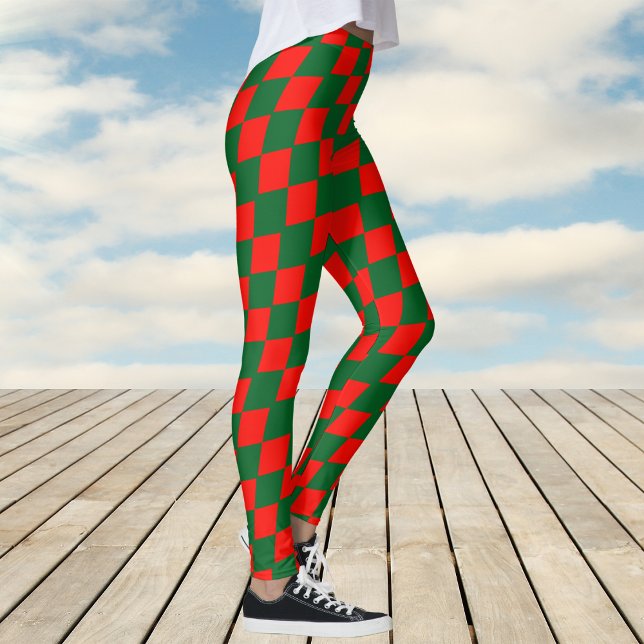 Red and Grönt Harlequin Check Mönster Leggings (Red and Green Harlequin Check Pattern Leggings)