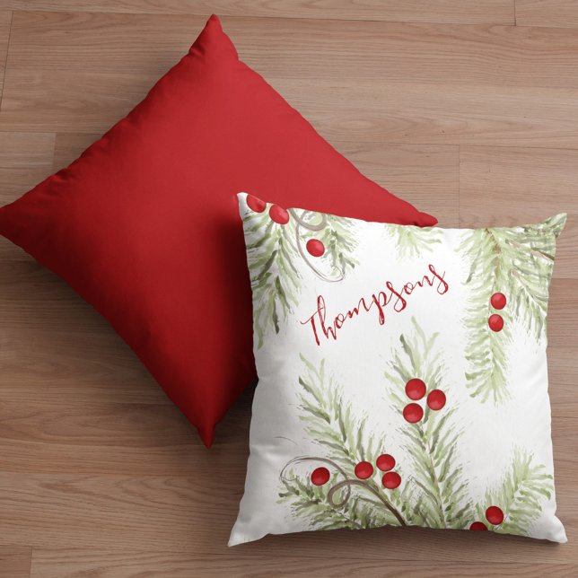 Red and Grönt Holly Anpassningsbar jul Kudde (Christmas holiday greenery and red holly berries throw pillow. )
