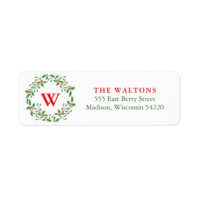 Red and Grönt Holly Berry Wandeandogram Returadress Etikett (Framsidan)