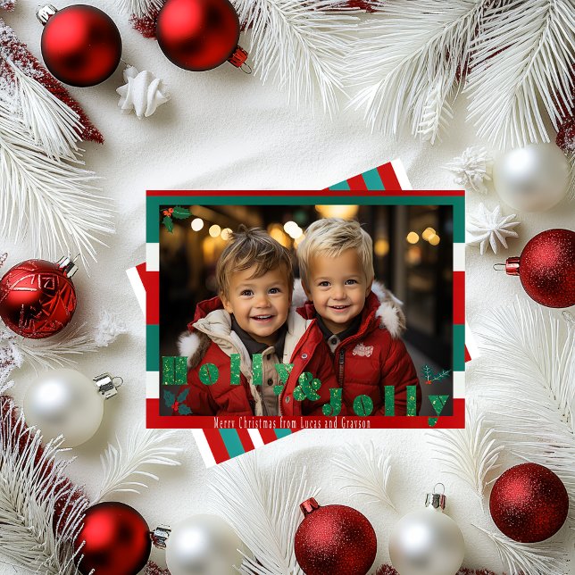 Red and Grönt 'Holly & Jolly' Julfoto Julkort (Cheery Striped Red and Green Christmas Photo Greeting Card)