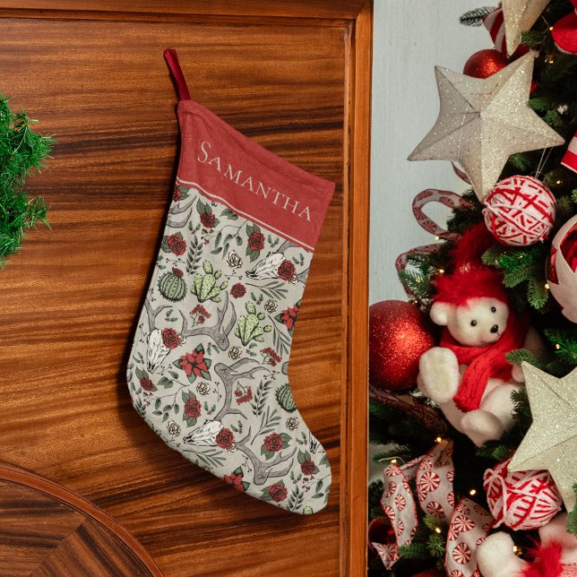 Red and Grönt Land Cowgirl jul Antlers Stor Julstrumpa (Country Christmas Western Hand Drawn Pattern. Reindeer Skulls, Red Roses, Cactus Plants, Poinsettias)