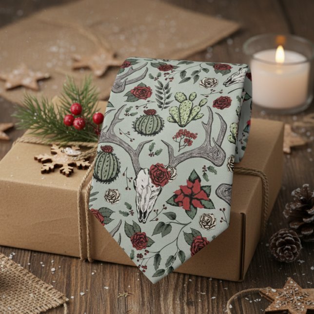 Red and Grönt Land jul, Hjort Antlers Slips (Sage Green Country Christmas Men's Tie. Xmas Reindeer Skull, Antlers, Red Poinsettias, Cacti Pattern)