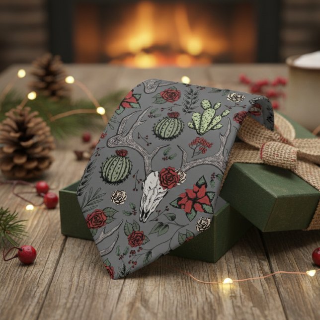 Red and Grönt Land jul, Hjort Antlers Slips (Dark Gray Country Christmas Men's Tie. Xmas Reindeer Skull, Antlers, Red Poinsettias, Cacti Pattern)