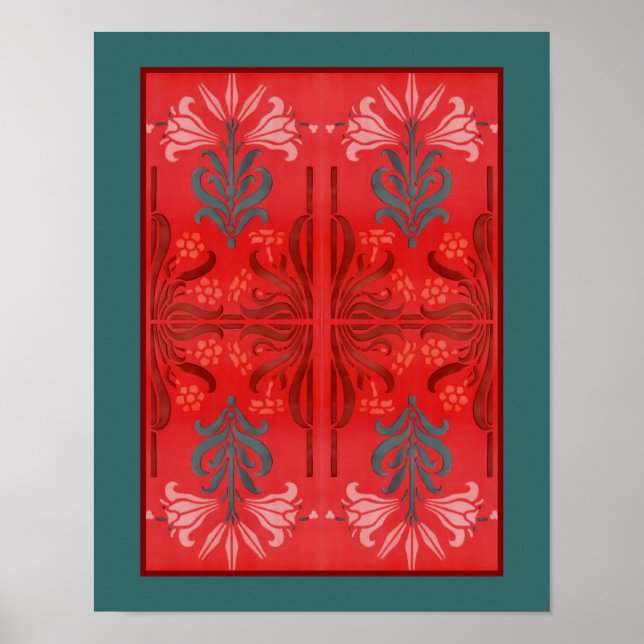 Red and Grönt Lily Blommigt Stencil Art Abstrakt Poster (Framsidan)