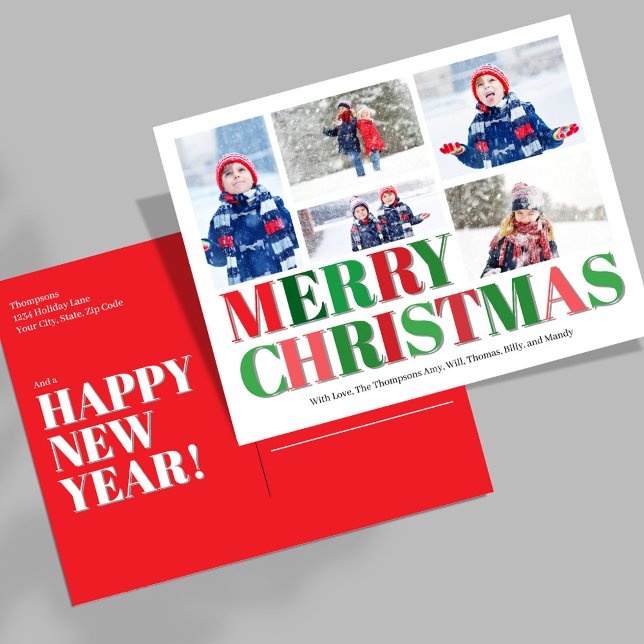 Red and Grönt Photo Collage God jul Helg Vykort (Merry Christmas Photo Collage Postcard Template.)