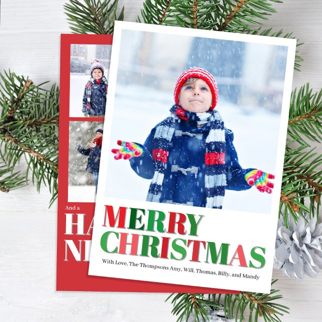 Red and Grönt Photo Collage God jul Julkort (Merry Christmas Holiday photo card with red and green lettering.)