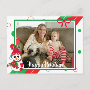 Red and Grönt Snögubbe Family Photo-jul Vykort