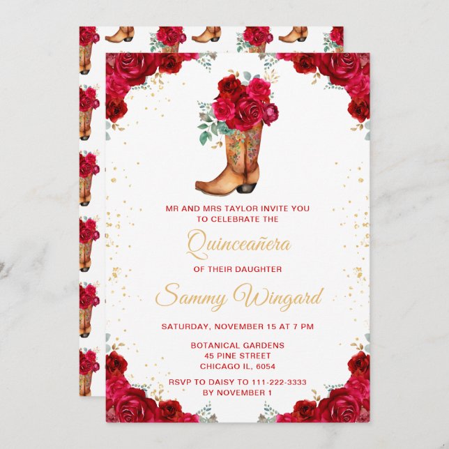 Red and Guld Blommigt Cowboy Boot Quinceañera Inbjudningar (Fram/baksida)