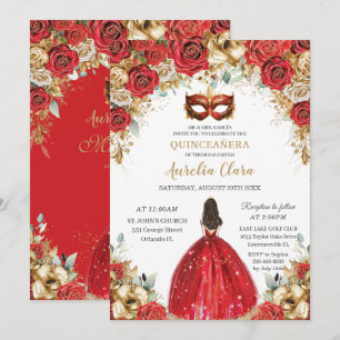 Red and Guld Blommigt MasqueraBoll Quinceañera Inbjudningar
