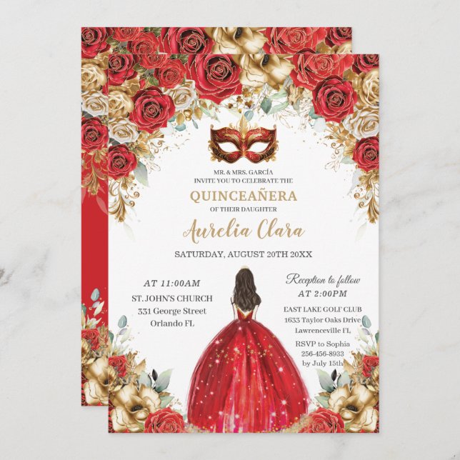 Red and Guld Blommigt MasqueraBoll Quinceañera Inbjudningar (Fram/baksida)