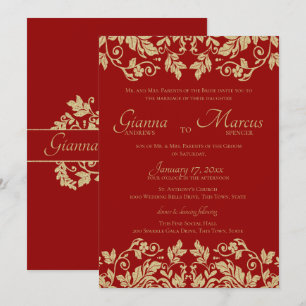 Red and Guld Damask Emblem Bröllop Inbjudningar