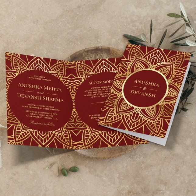Red and Guld Ethnic Mandala Indian Bröllop Inbjudan (Skapare uppladdad)
