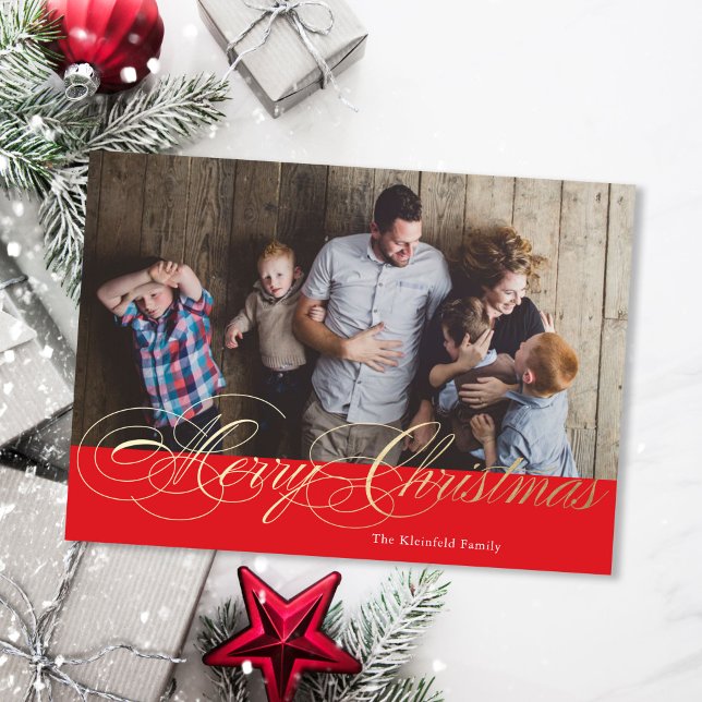 Red and Guld Faux Foil Calligraphy Julkort (Skapare uppladdad)