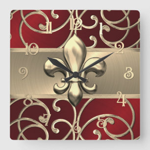 Red and Guld Filigree Swirls Fleur de Lis Fyrkantig Klocka