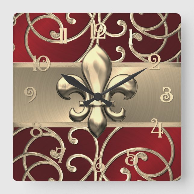 Red and Guld Filigree Swirls Fleur de Lis Fyrkantig Klocka (Framsida)