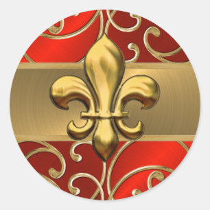Red and Guld Filigree Swirls Fleur de Lis Runt Klistermärke