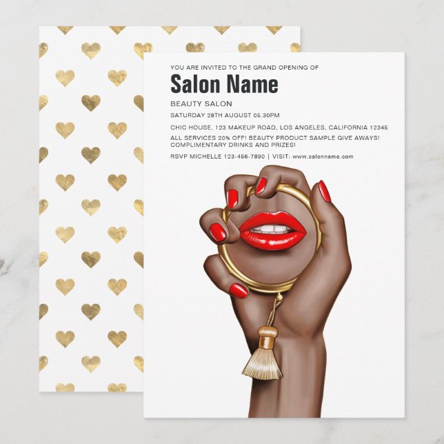 Red and Guld Glam Chic Beauty Salon Open Inbjudningar (Fram/baksida)