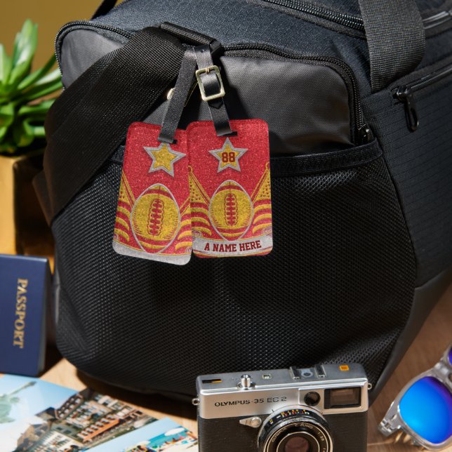 Red and Guld Glitter School Football Team Färg Bagagebricka (Fram & Baksida)