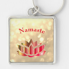 Red and Guld gnistra Namaste Lotus Flower Fyrkantig Silverfärgad Nyckelring