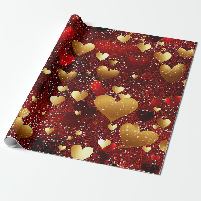 Red and Guld Hearts Presentpapper (Utrullad)