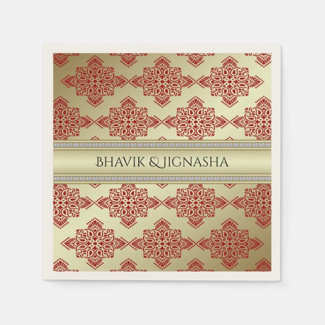 Red and Guld indisk Damask Wedding Napkin Pappersservett (Framsidan)