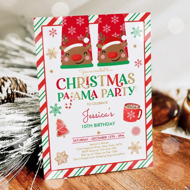 Red and Guld jul Pajama Födelsedagsfest Inbjudningar (Skapare uppladdad)