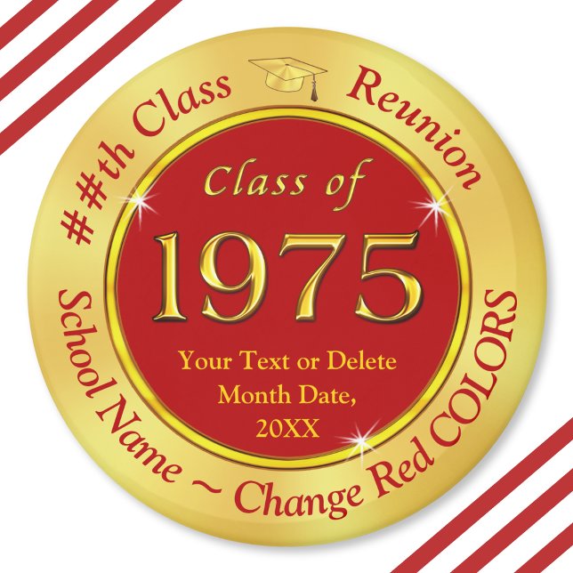 Red and Guld, klass 75, klass Reunion Favors, Magnet (Cheap, class of 197 reunion gifts.  50th high school souvenirs. Red Gold, Class of 75 reunion. 1975)