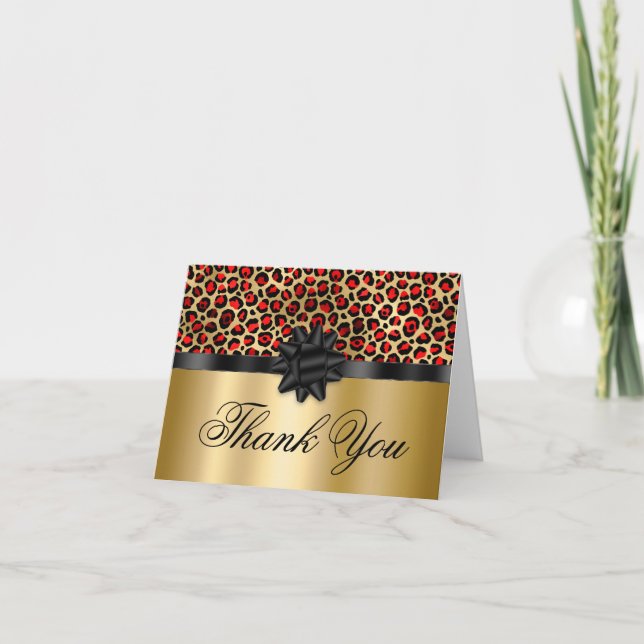 Red and Guld Leopard Glam Black Gift Bow Tack Kort (Framsida)