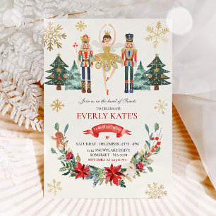 Red and Guld Nutcracker Birthday Sugar Plum Fairy Inbjudningar