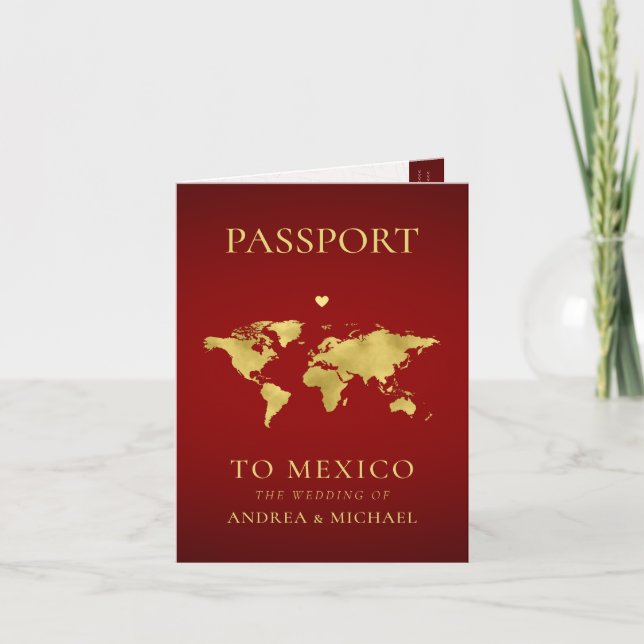 Red and Guld Passport Travel Destination Wedding Inbjudan (Framsida)